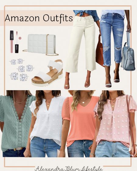 Amazon spring fashion finds!! Cute short sleeve spring tops, denim jeans, white sandals, white crossbody purse, diamond earrings, and lip gloss!! Amazon fashion! Amazon finds! 

#LTKFindsUnder50 #LTKSeasonal #LTKStyleTip