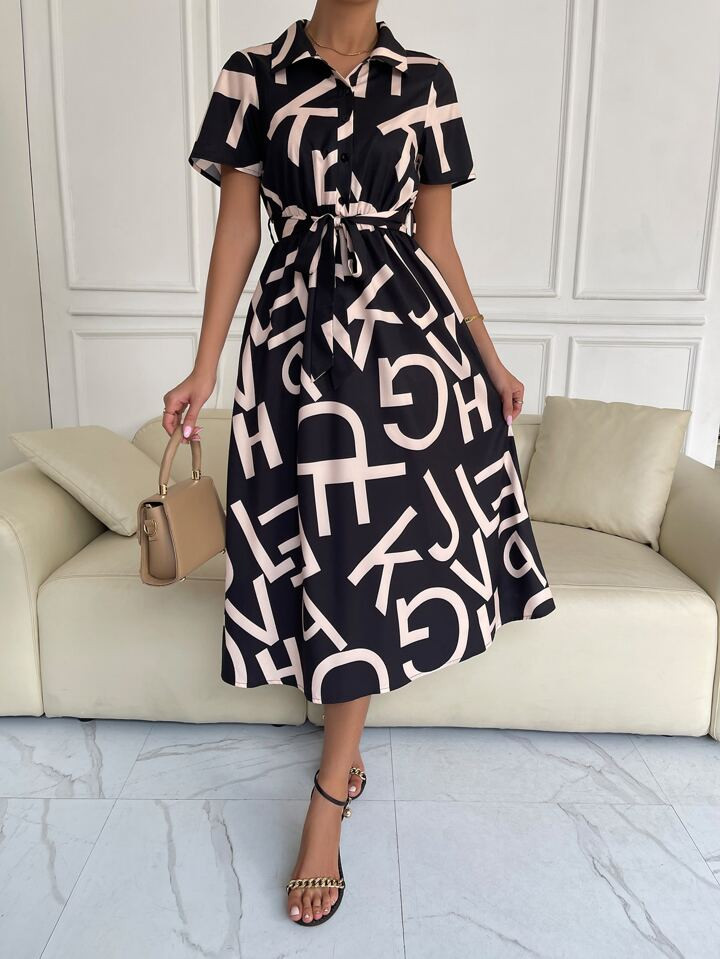 SHEIN Privé Allover Letter Graphic Belted Shirt Dress | SHEIN