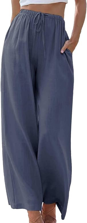 Duyang Womens Cotton Linen Palazzo Pants Drawstring Elastic Waist Casual Wide Leg Trousers with P... | Amazon (US)