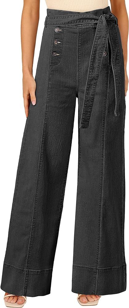Women's High Waisted Baggy Jeans Wide Leg Casual Button Decorated Denim Pants with Belt | Amazon (US)