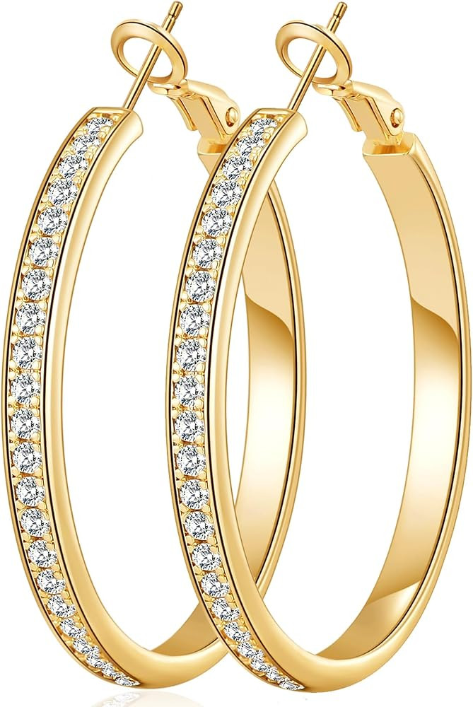 OOOPEL Large Rhinestone Hoops Sparkly Big CZ Hoop Earrings for Women Non Tarnish 925 Sterling Sil... | Amazon (US)