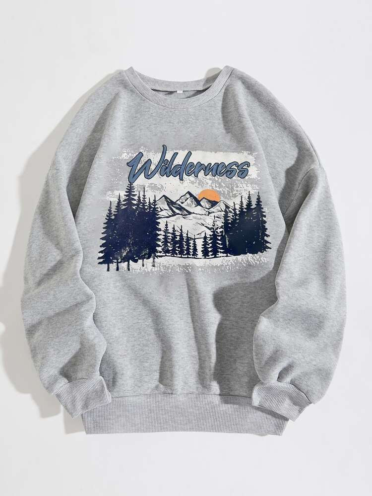 Letter And Mountain Print Drop Shoulder Thermal Sweatshirt | SHEIN