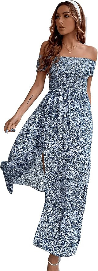 Floerns Women's Boho Floral Print Off Shoulder Split Long A Line Dress | Amazon (US)