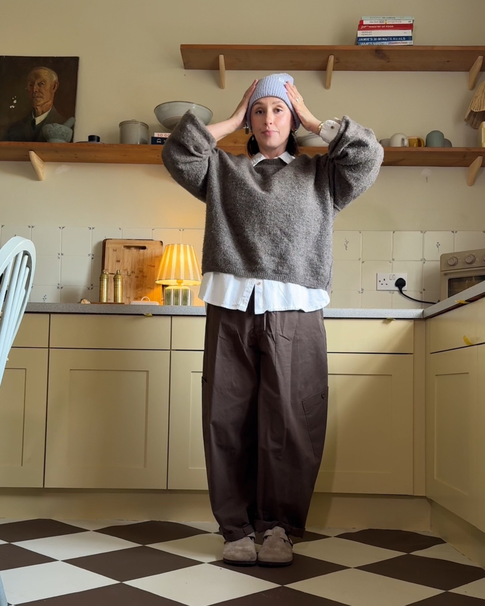 Casual brown barrel leg trousers and jumper outfit.

Jumper - & other stories
Trousers - Zara (alternatives linked)
Shirt - M&S
Hat - old H&M
Shoes - Birkenstock 

#LTKautumn #LTKmidsize #LTKuk