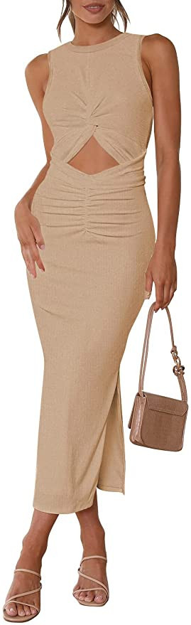 Meenew Women's Sleeveless Summer Long Bodycon Dress Twist Cutout Midi Sheath Dress Ruched Tie Bac... | Amazon (US)