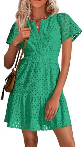 PRETTYGARDEN Womens 2026 Summer Short Dress V Neck Short Sleeve A Line Hollow Out Lace Cute Casua... | Amazon (US)
