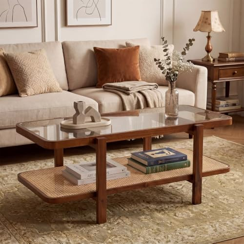 Giantex Rattan Coffee Table, 47.5" Rectangle Solid Wood Tea Table w/Tempered Glass Tabletop, Rattan Storage Shelf, 2-Tier Boho Coffee Tables, Farmhouse Center Table for Living Room (Brown) | Amazon (US)