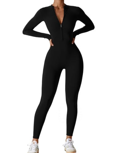 AEEZO Womens Long Sleeve Workout Jumpsuit Zip Up Yoga Rompers Sexy Tummy Control One Piece Bodycon Bottom Pants | Amazon (US)