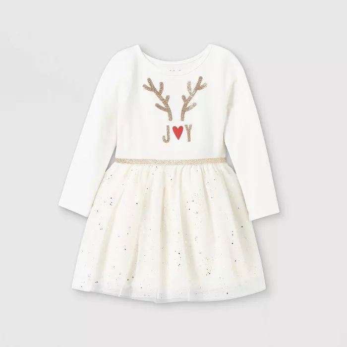 Toddler Girls' Glitter Deer Long Sleeve Tutu Dress - Cat & Jack™ Cream | Target