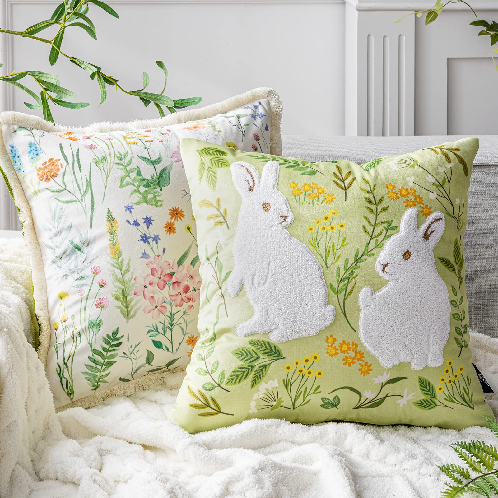 Phantoscope Pack of 2 Happy Easter Throw Pillow Covers - Tassel Trimmed Printed Colorful Flowers ... | Amazon (US)