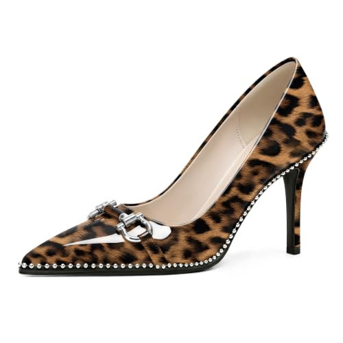 Soireelady Leopard Shoes for Women High Heel Pumps Pointed Toe Stiletto Heels Buckle Bow Slip On Dressy Shoes 3.5 Inches US Size 6.5 | Amazon (US)
