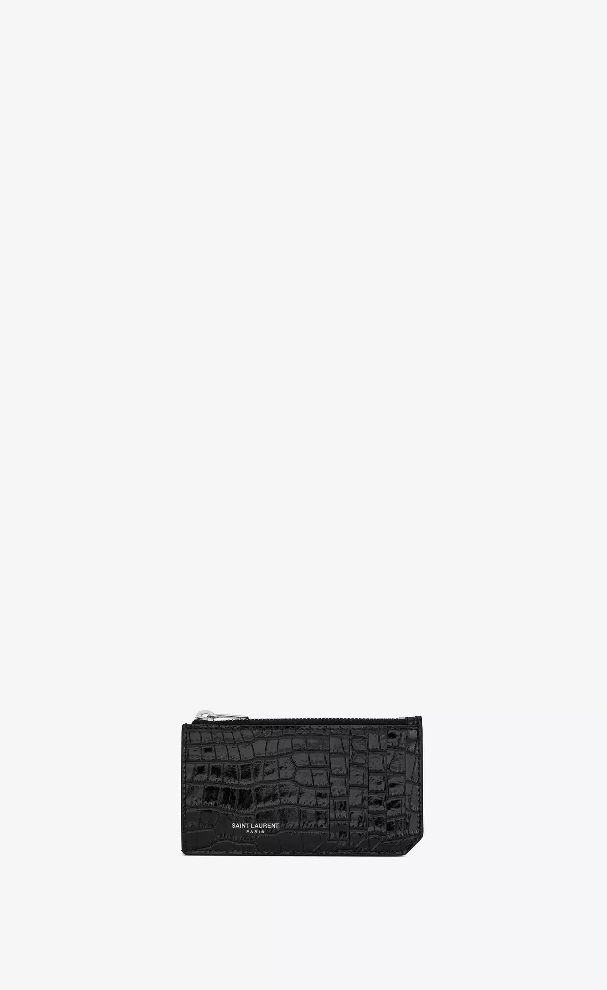 Saint Laurent Fragment Zipped Card Case In Crocodile Embossed Shiny Leather