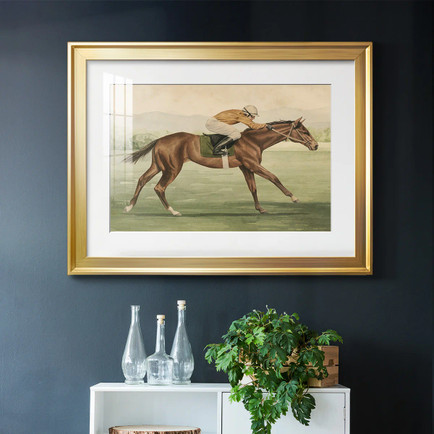 Vintage equestrian print in gold frame showing horse rider