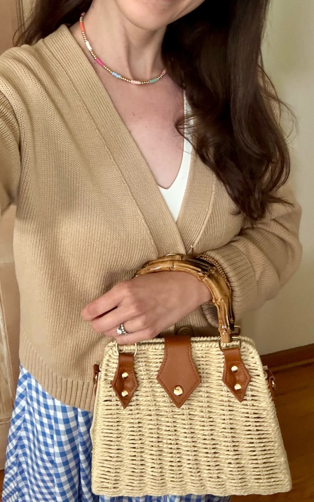 Straw bag, gingham skirt, neutral cardigan, summer church outfit

#LTKdayinmylife #LTKgrwm #LTKootd