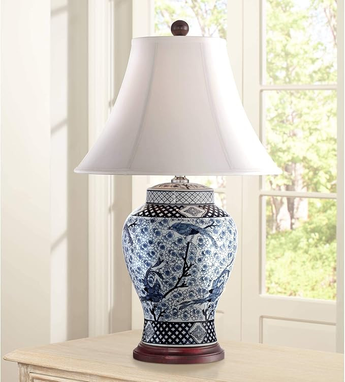 Shonna Asian Chinese Ginger Jar Table Lamp 27" Tall Porcelain Blue White Bird and Branch Bell Sha... | Amazon (US)