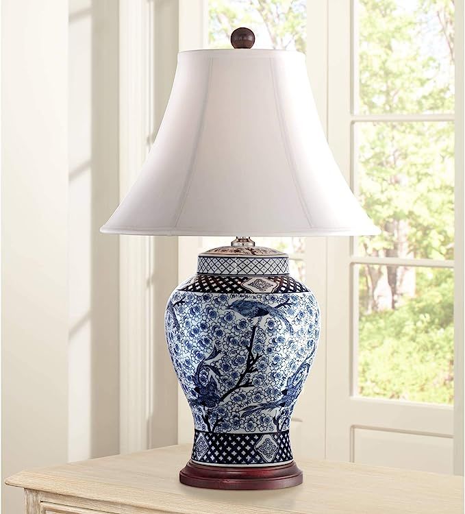 Shonna Asian Chinese Ginger Jar Table Lamp 27" Tall Porcelain Blue White Bird and Branch Bell Sha... | Amazon (US)