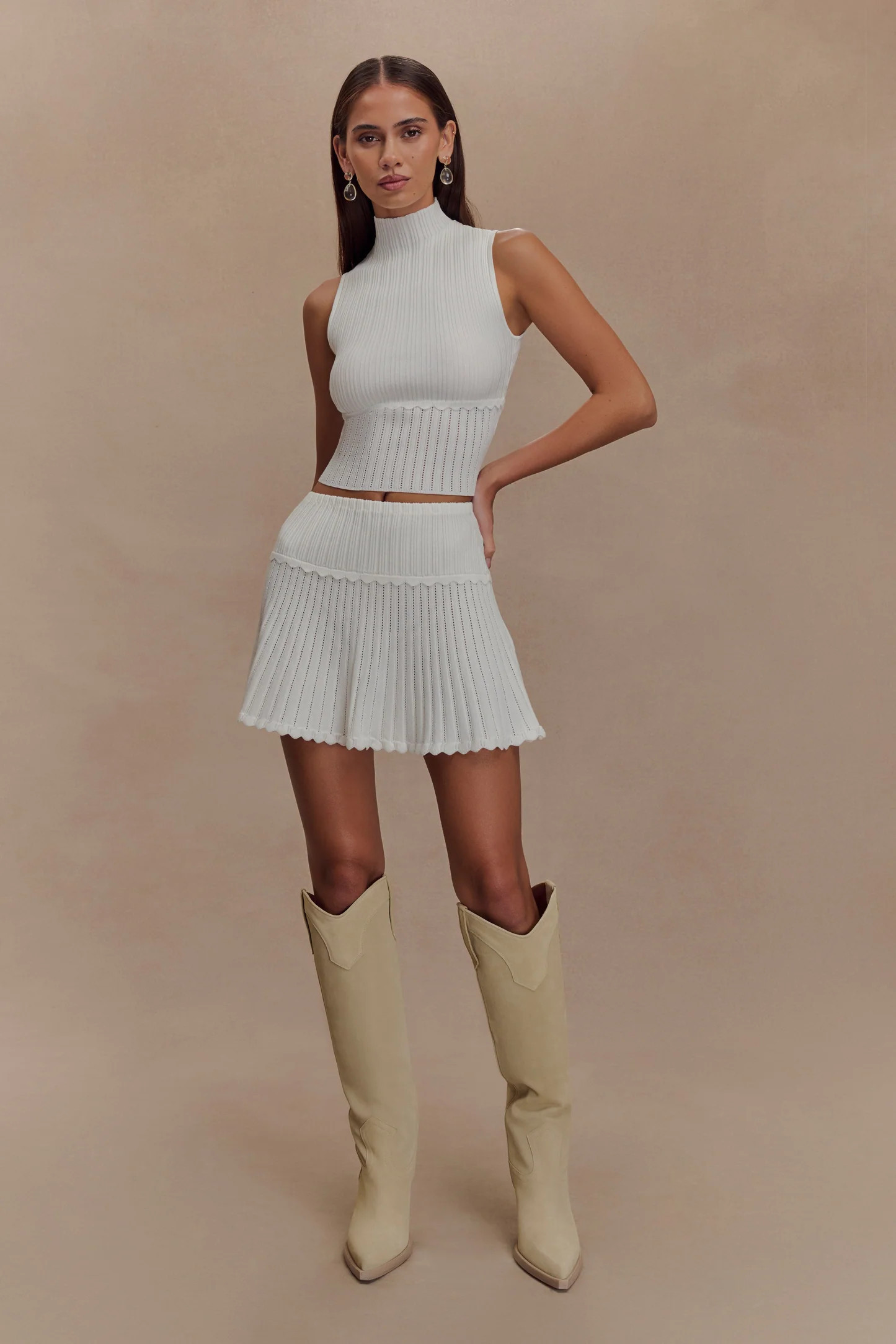 Indy Pointelle Knit Mini Skirt - Ivory | Meshki UK