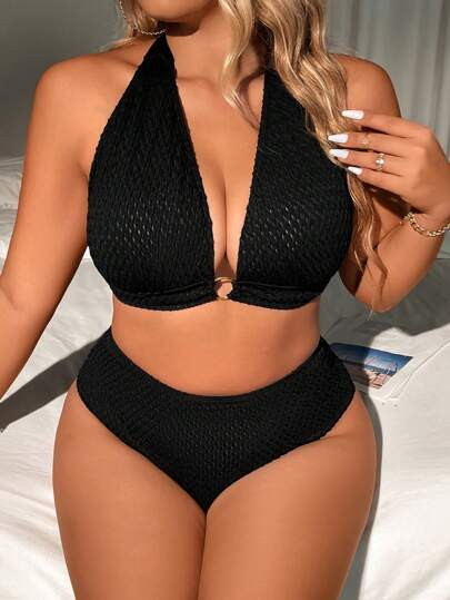 SHEIN Swim Curve Plus Size Solid Color Textured Swimsuit SetSKU: sz2312093275339724











(4... | SHEIN