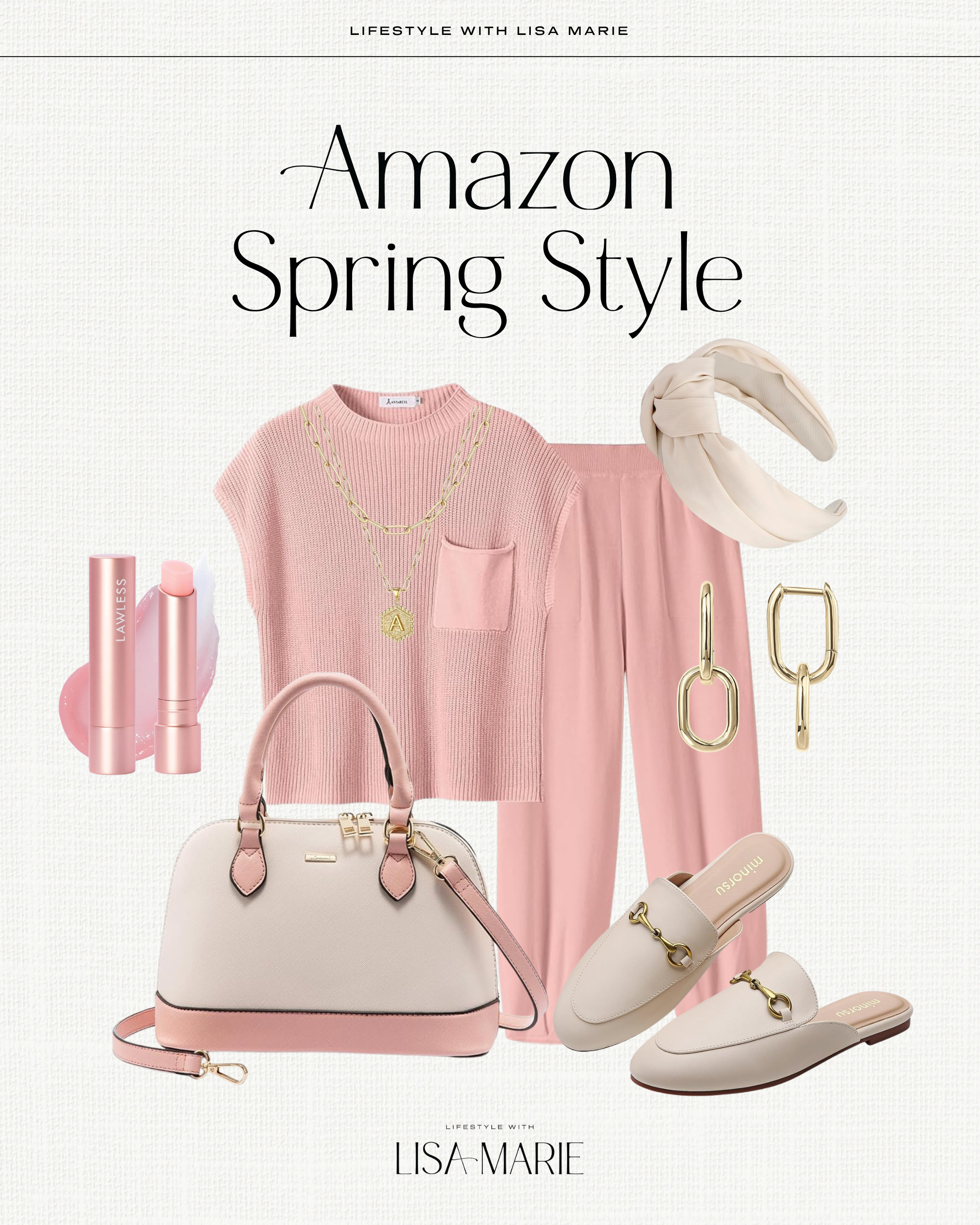 Amazon spring style outfits for an elevated casual look. Coral matching pants set for travel and loungewear. Beige headbands and gold accessories. Business casual slides. Clean lip gloss. 

 #LTKPetite #LTKBeauty #LTKTravel
