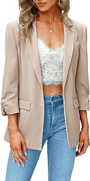 Womens Blazer Open Front 3/4 Ruffle Sleeve Business Office Jacket Blazer | Amazon (US)