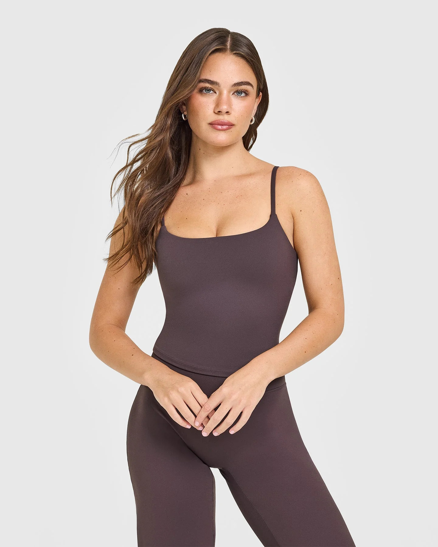 SoftMotion™ Strappy Mid Vest with Built in Bra Shelf with White Logo 
 Dark Umber Brown | Oner Active (UK / US)