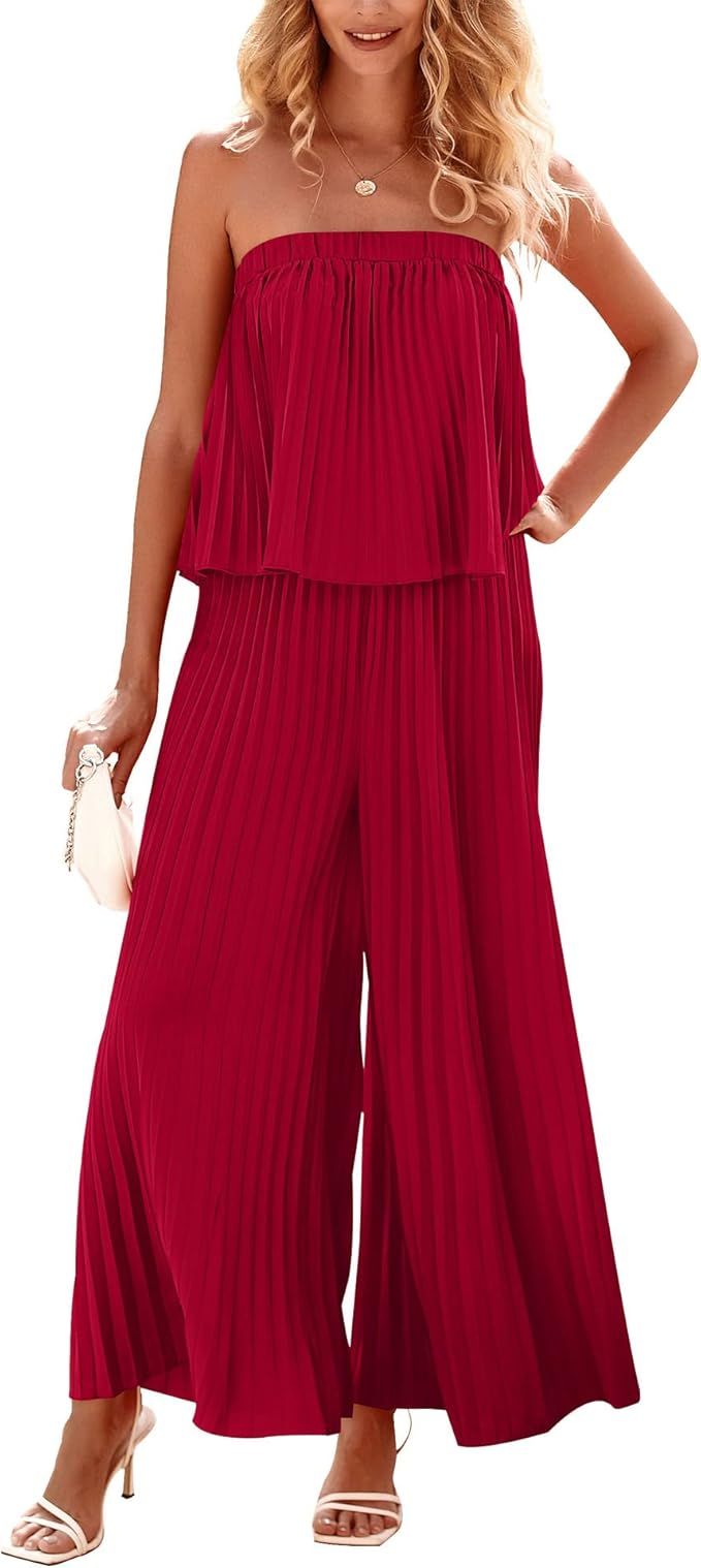 BTFBM Women Off Shoulder Summer Rompers 2023 Strapless Pleated Wide Leg Palazzo Pants Jumpsuit On... | Amazon (US)