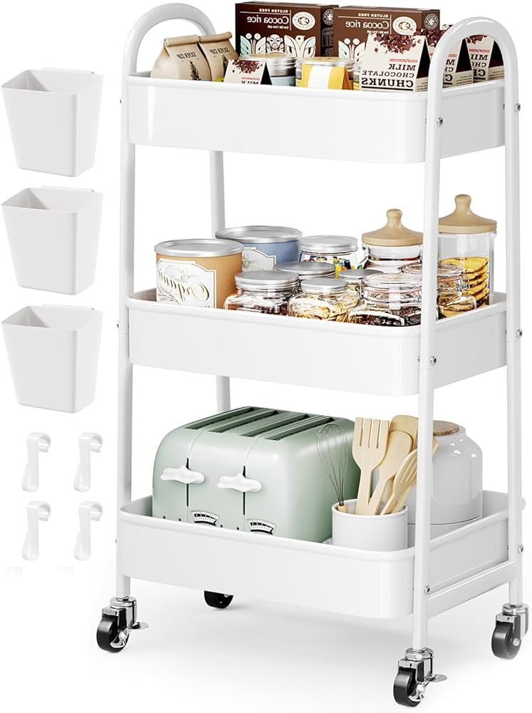 3 Tier Rolling Cart Metal with Wheels, Heavy Duty White Three Tiered Craft Cart Organizer on Whee... | Amazon (US)