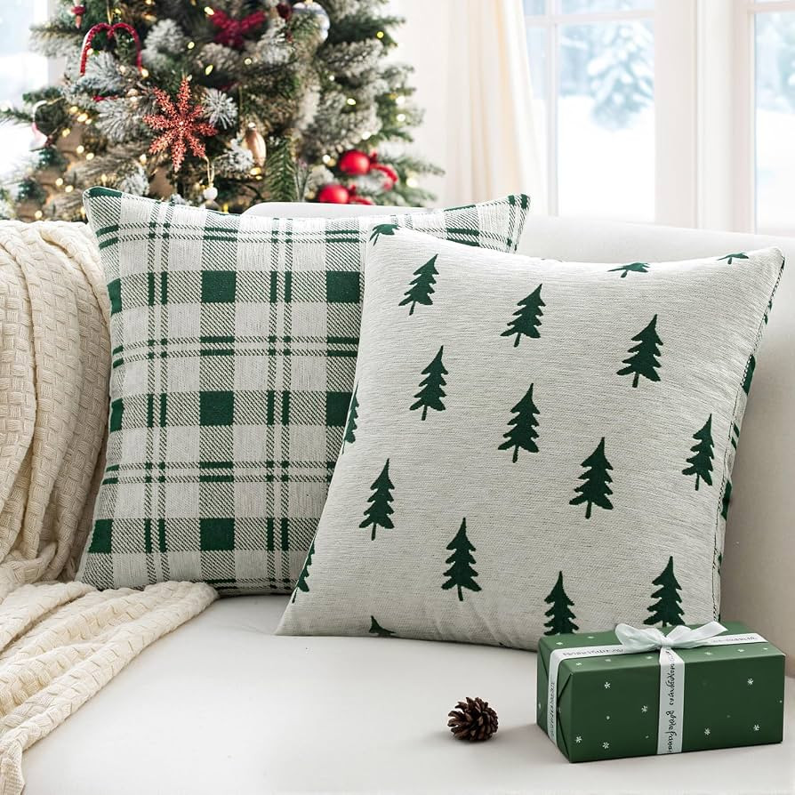 MIULEE Christmas Decorative Chenille Throw Pillow Covers, 18x18 Inch, White Dark Green Tree, Set ... | Amazon (US)