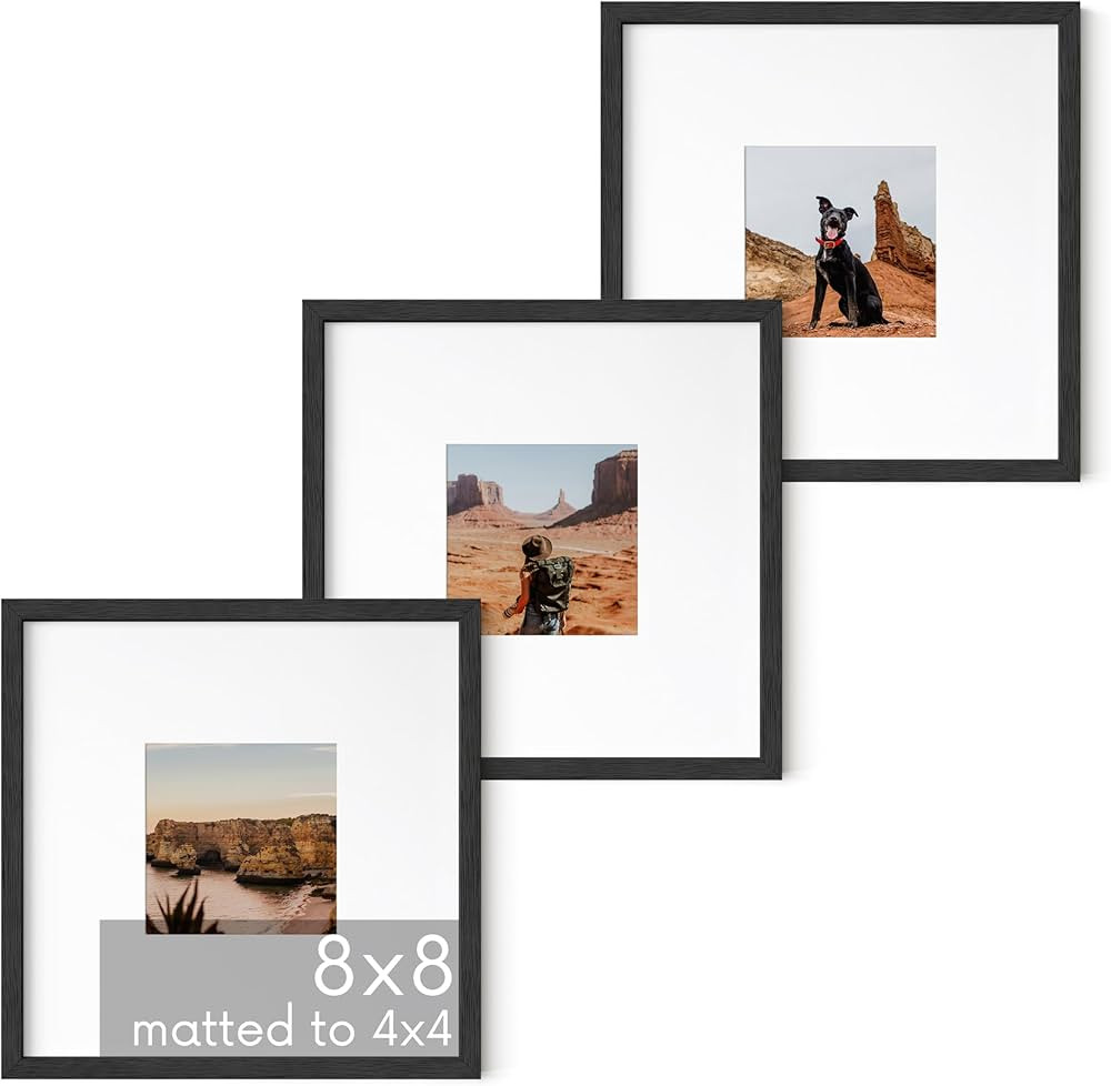 HAUS AND HUES Solid Oak Wood 8”x8” Picture Frames Matted to 4”x4” Set of 3 - Black Square... | Amazon (US)