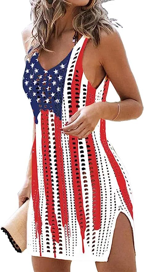 GOWONE Women Hollow Out Slit Crochet Cover Up Sleeveless 4th of July Patriotic Swimwear Beach Dre... | Amazon (US)
