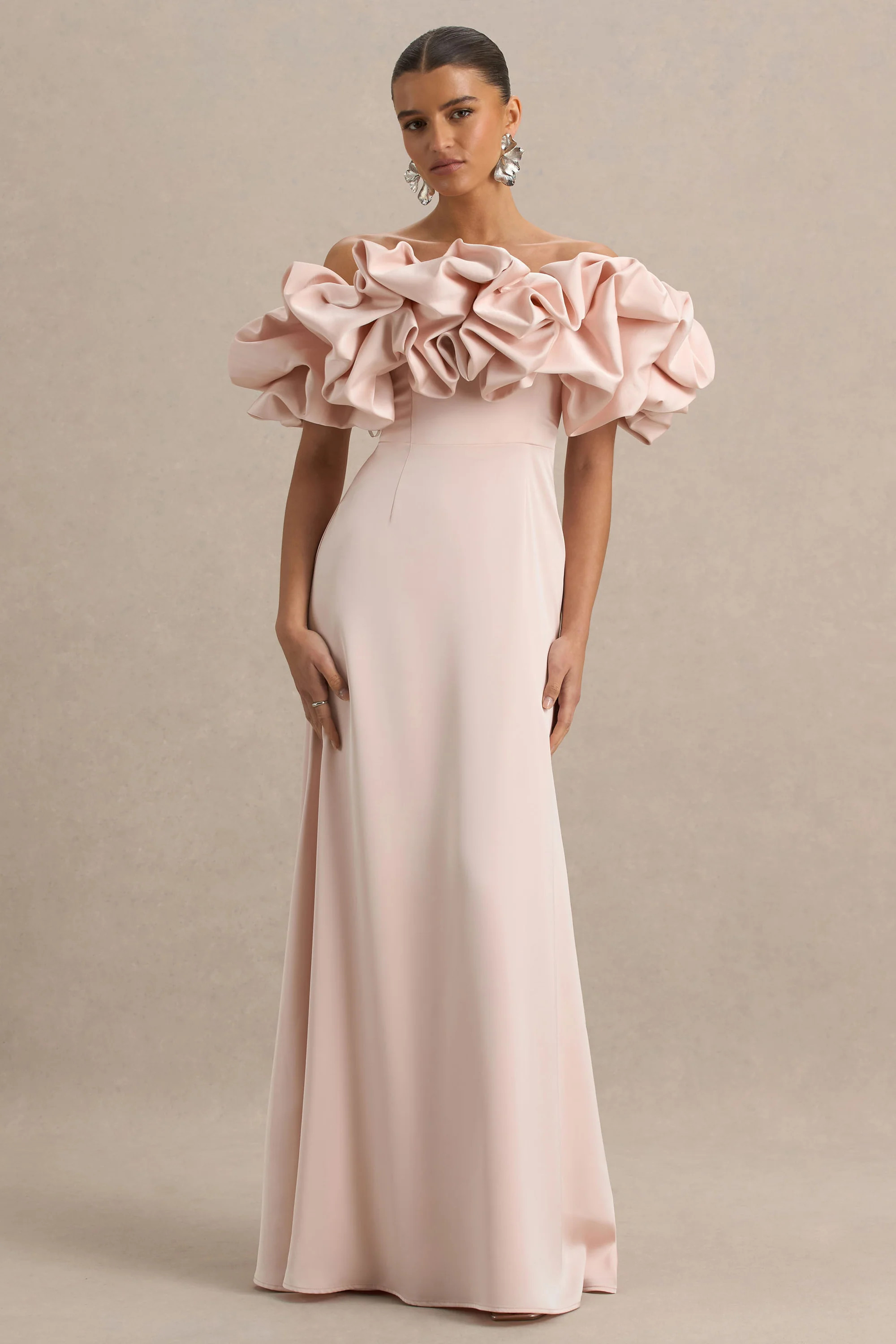 Allie | Pale Pink Puff Bardot Maxi Dress | Club L London