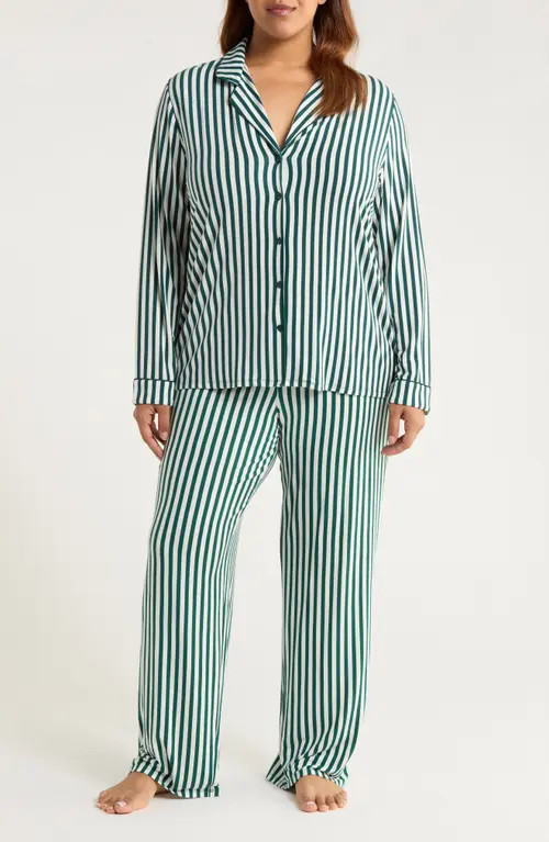 Nordstrom Moonlight Eco Knit Pajamas in Green- Ivory Simple Stripe at Nordstrom, Size 1X | Nordstrom