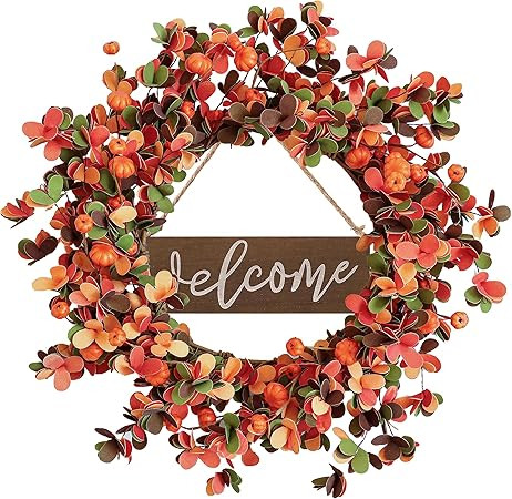 VioletEverGarden Fall Wreath 20 Inches Autumn Wreath with Eucalyptus and Pumpkins Orange Harvest ... | Amazon (US)