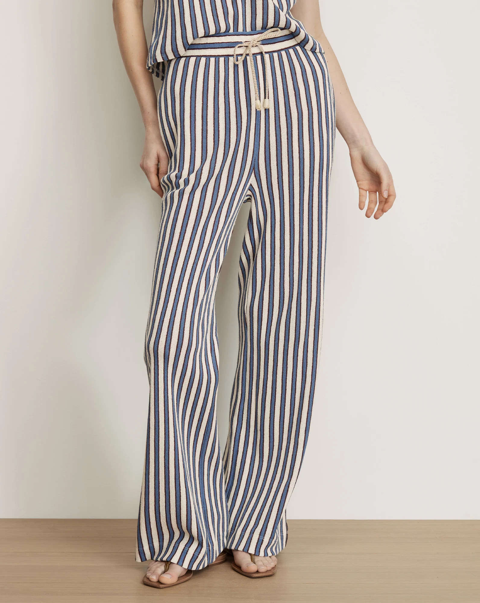 Zosia Crochet Wide-Leg Pant in Ecru & Blue Stripes Bluefin Multi | Veronica Beard | Veronica Beard