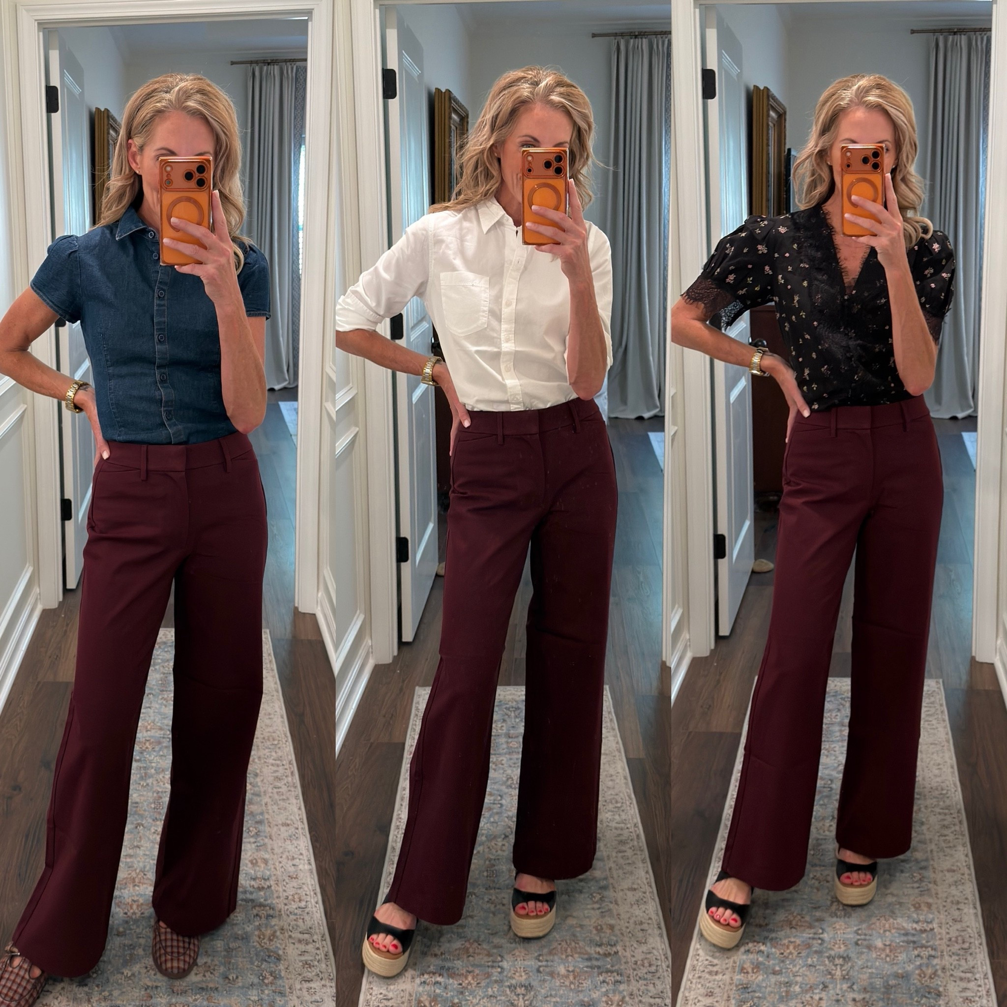 I picked up these high waisted pixie super wide leg pants from @oldnavy this week. These are on sale for less than $30 (use code extra). Wearing a size 2. Linked all of the tops. So perfect for work and more! ￼