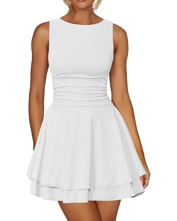 Amazon.com: Kaximil Women's Ruffle Hem Boat Neck Mini Dress Sleeveless Ruched Corset Short Party ... | Amazon (US)