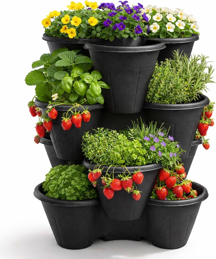 Pack of 4 Stackable Strawberry Planter Pots Vertical Garden Trio Planters Terracotta Durable Plas... | Amazon (UK)