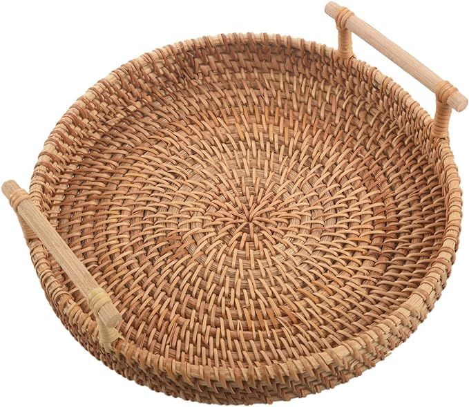 Rfvtgb Rattan Round Serving Tray with Handles Woven Wicker Tray Bread Basket Wall Decorative Tray... | Amazon (UK)