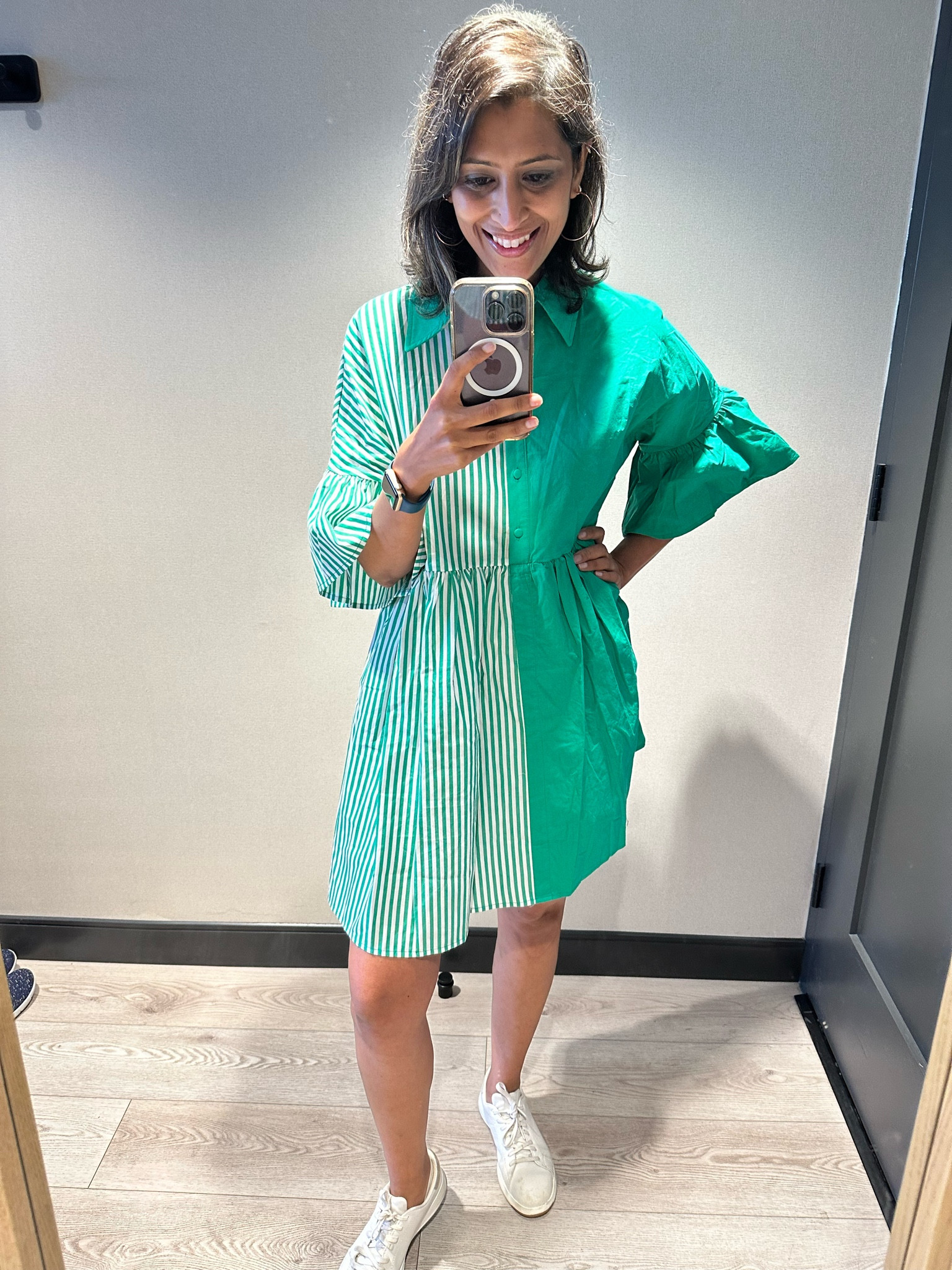 Summer shirt dress and love how loose fitted it is with so much room. The color is beautiful 