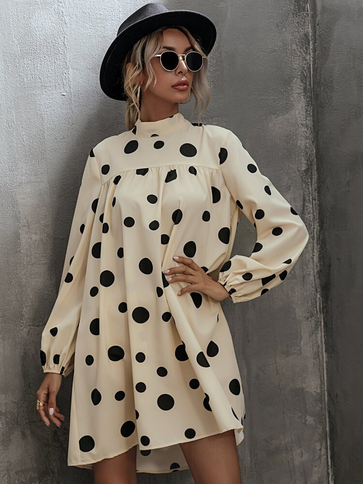 Polka Dot Tie Back Bishop Sleeve Babydoll Dress | SHEIN