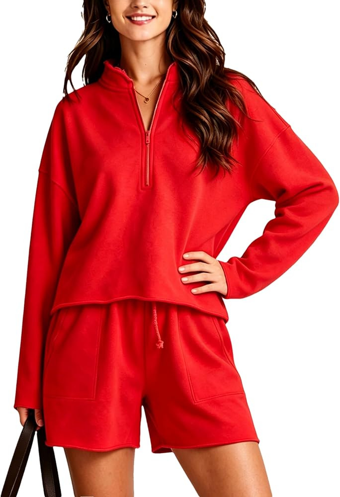 Women's 2 Piece Outfits Casual Quarter Zip Long Sleeve Pullover and Drawstring Shorts Lounge Set | Amazon (US)