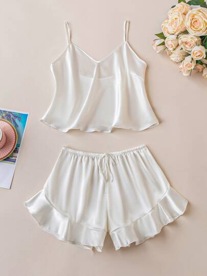 Ruffle Hem Satin PJ Set | SHEIN