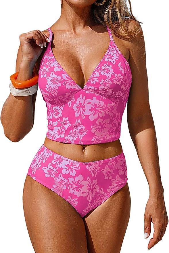 ZAFUL Women Cute Floral Tankini Swimsuit High Waisted Tankini Set Modest Full Coverage Two Piece ... | Amazon (US)