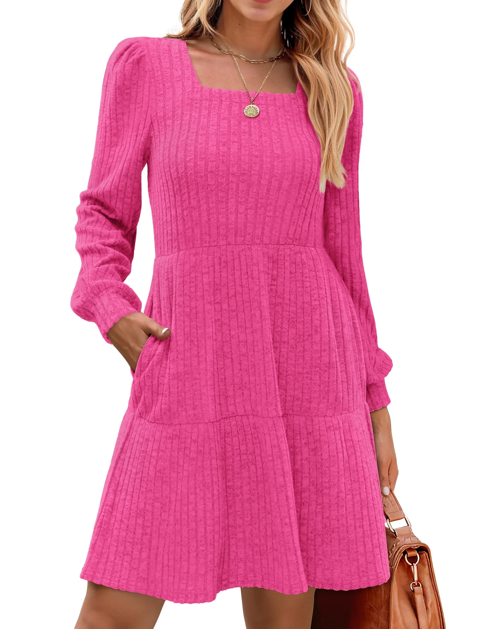 Fantaslook Fall Dresses for Women Square Neck Long Sleeve Dresses Casual Babydoll Sweater Dress | Walmart (US)