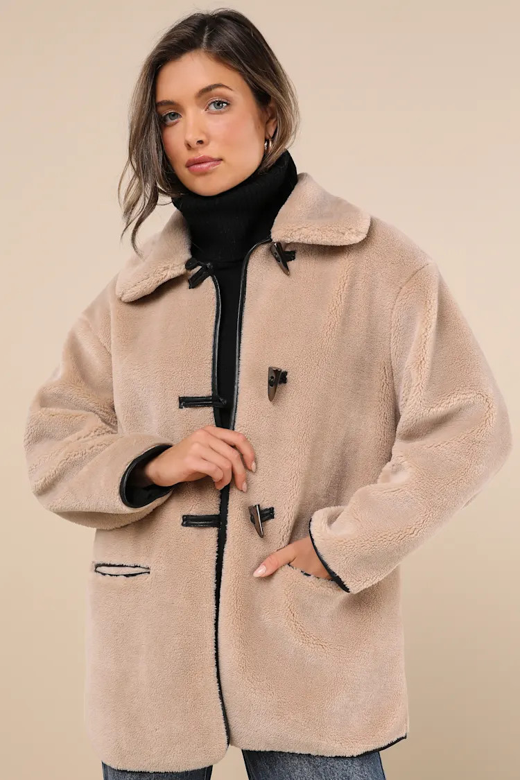 Coziest Forecast Beige Shearling Collared Toggle Coat | Lulus