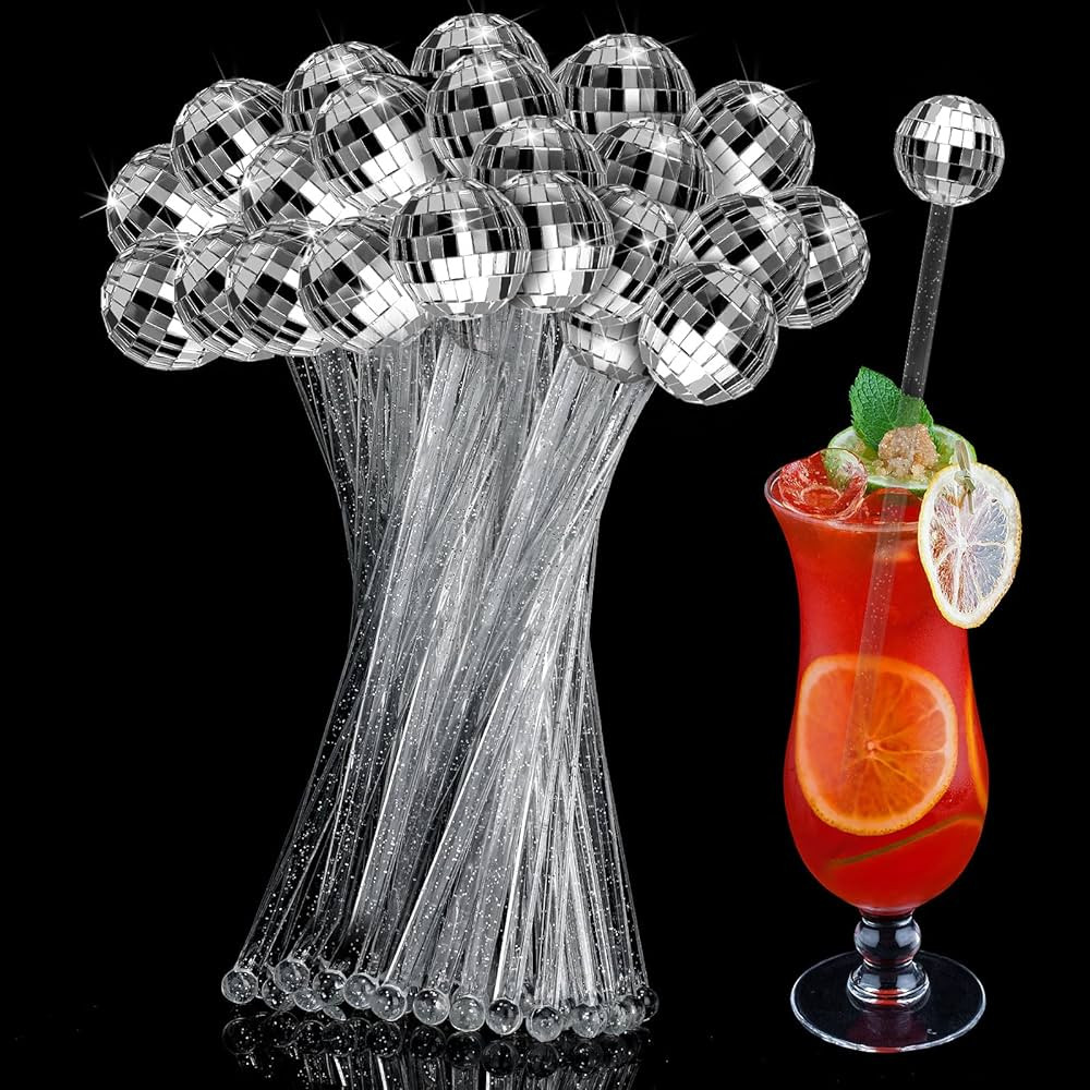 Sawysine 48 Pcs Disco Balls Cocktail Stirrers Plastic Round Top Swizzle Sticks Mirror Disco Ball ... | Amazon (US)