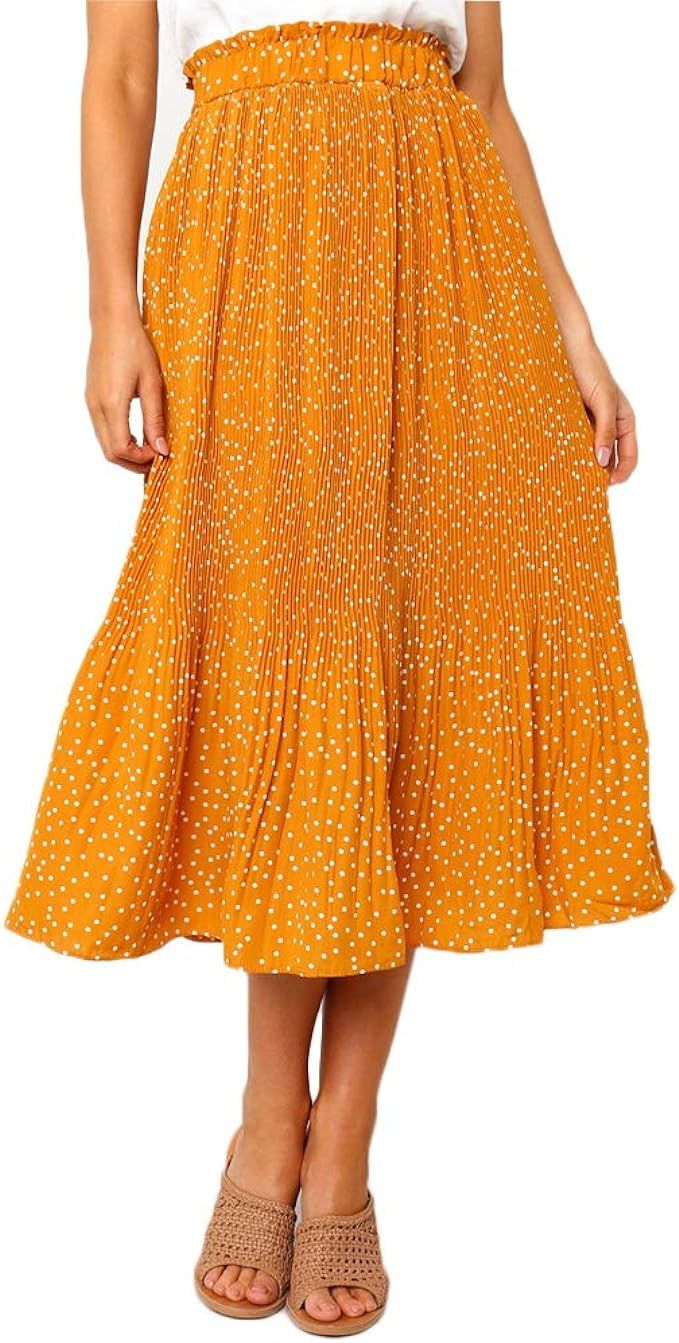 EXLURA Womens High Waist Polka Dot Pleated Skirt Midi Swing Skirt with Pockets | Amazon (US)