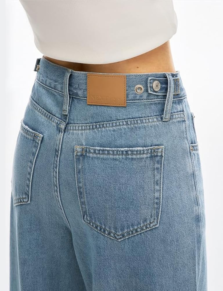 Women's Adjustable Wasit Baggy Jeans with Snap-Button Waistband Wide Straight Leg High Rise Jeans... | Amazon (US)