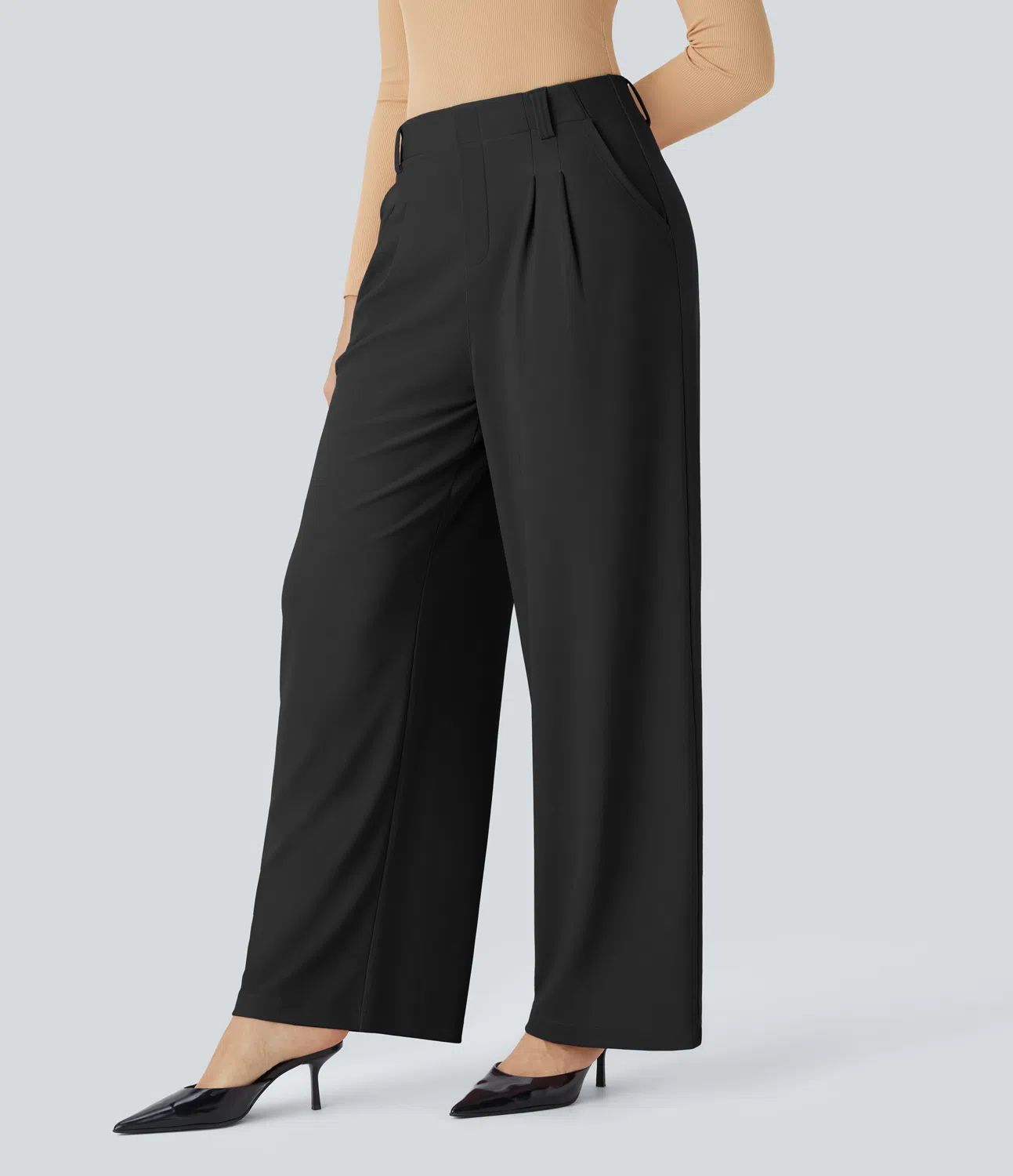 Women’s High Waisted Plicated Side Pocket Wide Leg Micro Waffle Work Pants - Halara | HALARA