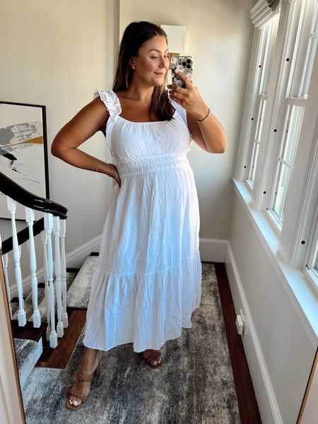 RUFFLE STRAP MAXI DRESS from my recent Abercrombie order. It well with a cardigan or denim jacket. Ordered XL & XXL just in case and the XL fits perfectly even with the bump.

#LTKbump #LTKcurves #LTKFind